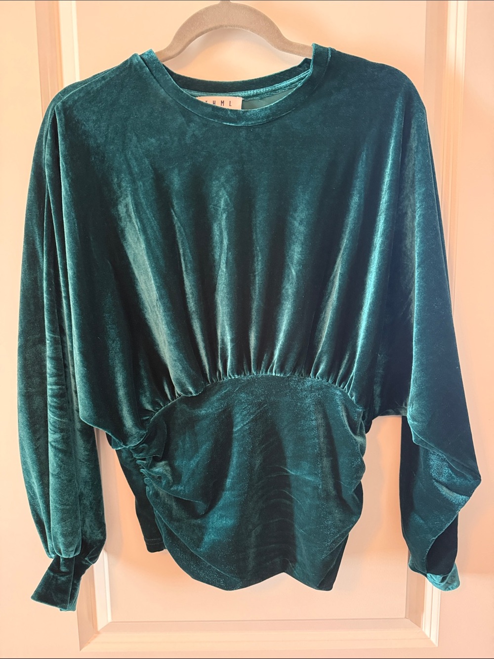 THML Teal Velvet Gathered-Waist Long Sleeve Top
